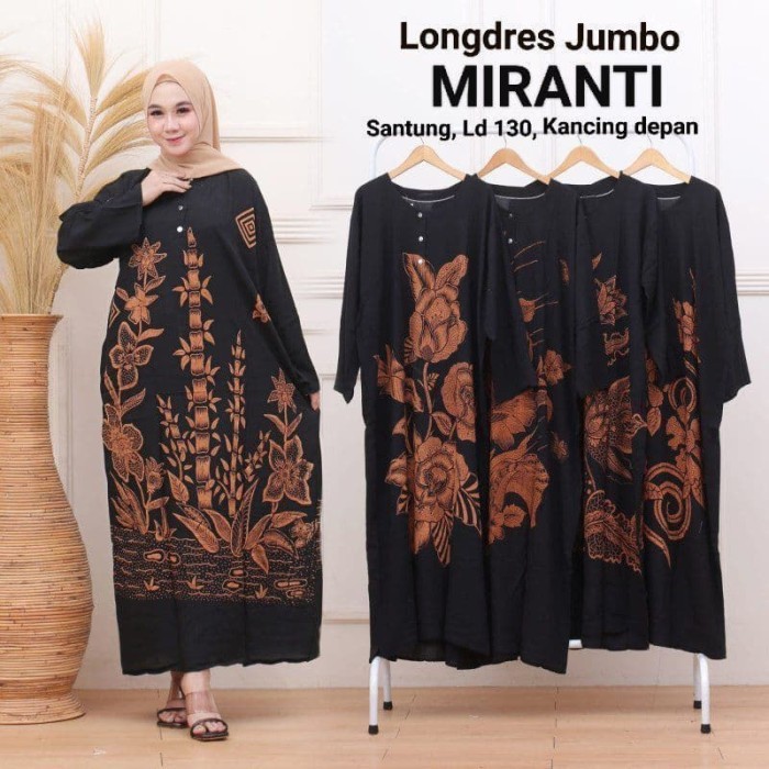 [TERBAIK DI SHOPEE] Daster long dress Jumbo Lengan Panjang LD130 Rayon Batik Kancing Depan - Miranti