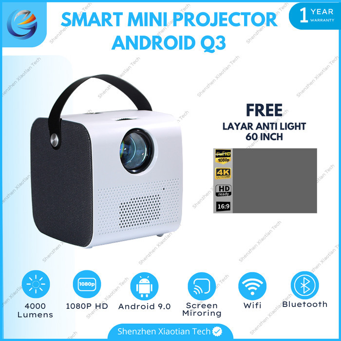Proyektor TV Digital Android Wifi Q3 4000 Lumens Proyektor Nobar Proyektor Mini Android 4K Proyektor