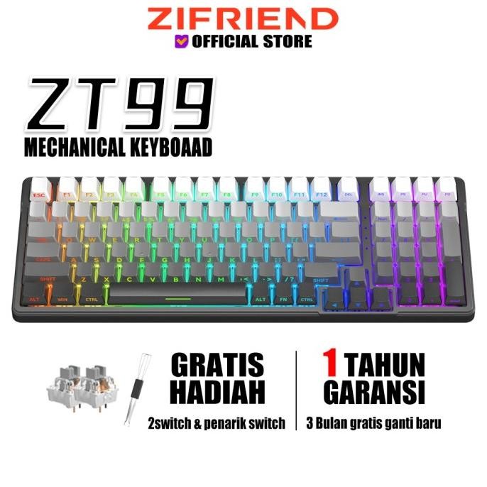 Keyboard - ZIFRIEND ZT99 Grey Gradient Mechanical Keyboard Hot Swap RGB Sisi Terukir Positif Putih T