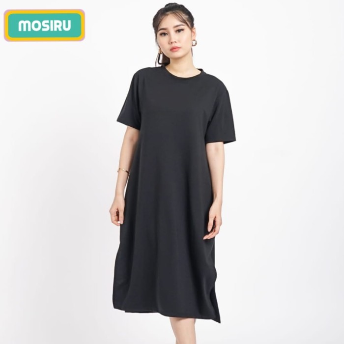 [COD] MOSIRU Dress Kaos Polos Jumbo Wanita Lengan Pendek Baby Terry - Hitam F2M25
