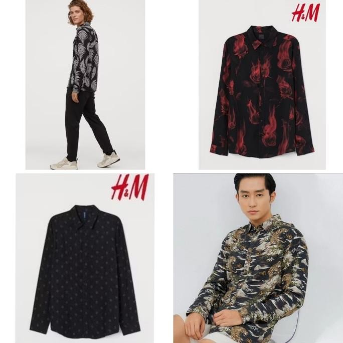 MURAH h&m Kemeja Pria Lengan Panjang Hitam Motif H&M