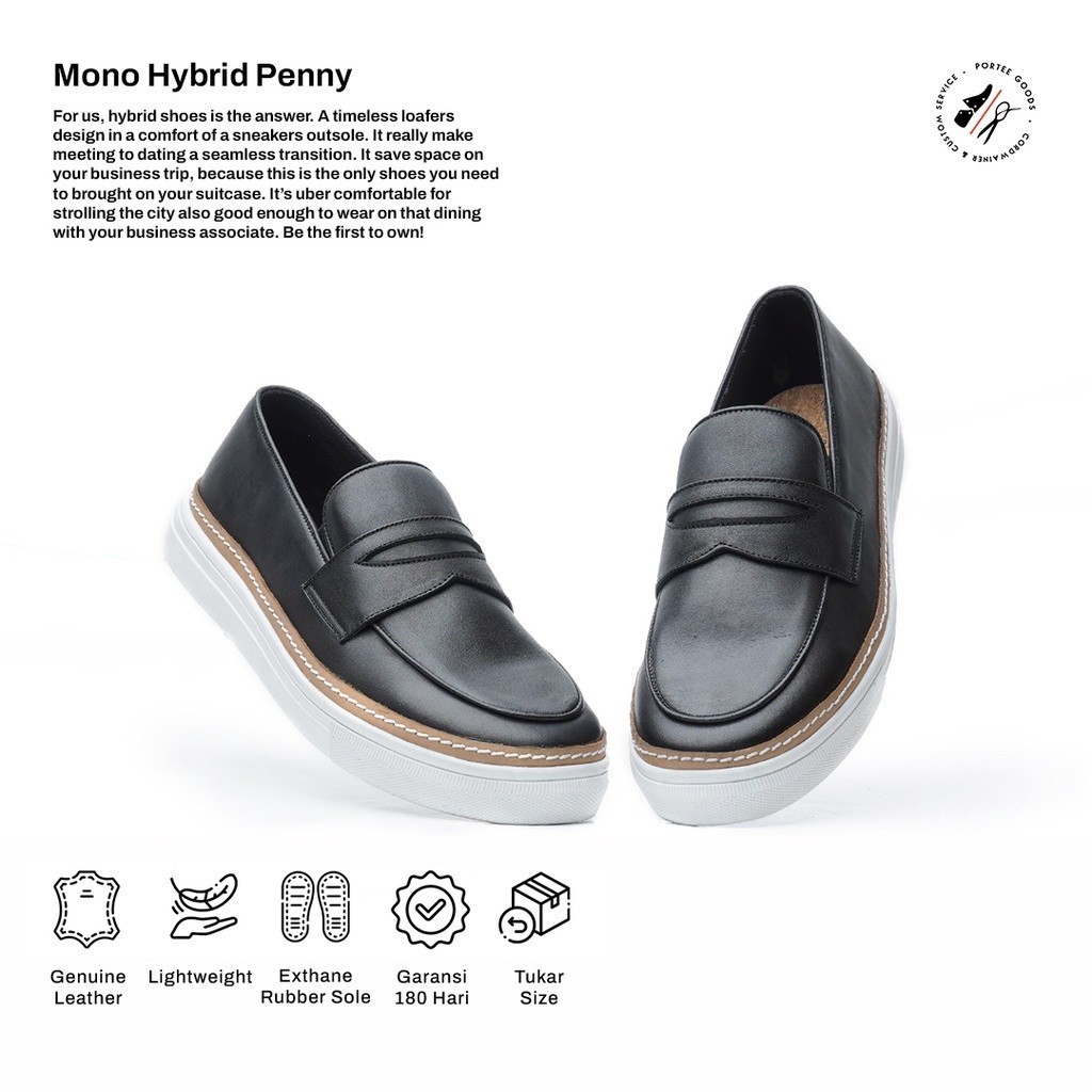 Portee Goods Sepatu Kulit Sneakers Pria Mono Penny Hitam