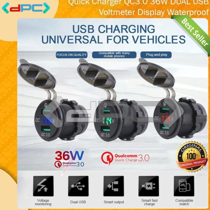 Quick Charger QC3.0 12-24V Dual Port USB & Voltmeter Waterproof