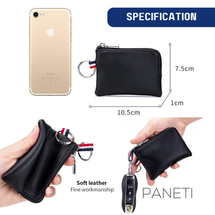 Dompet Koin Pria Paneti Ultra Thin Mini Zipper Pouch Kulit Asli