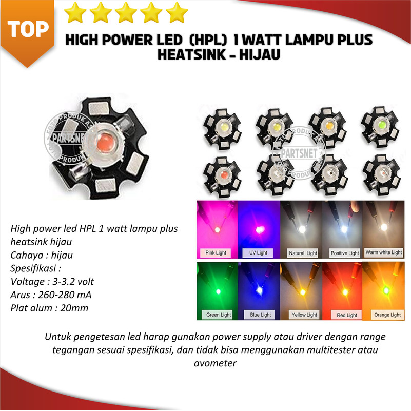 High power led HPL 1 watt lampu plus heatsink hijau