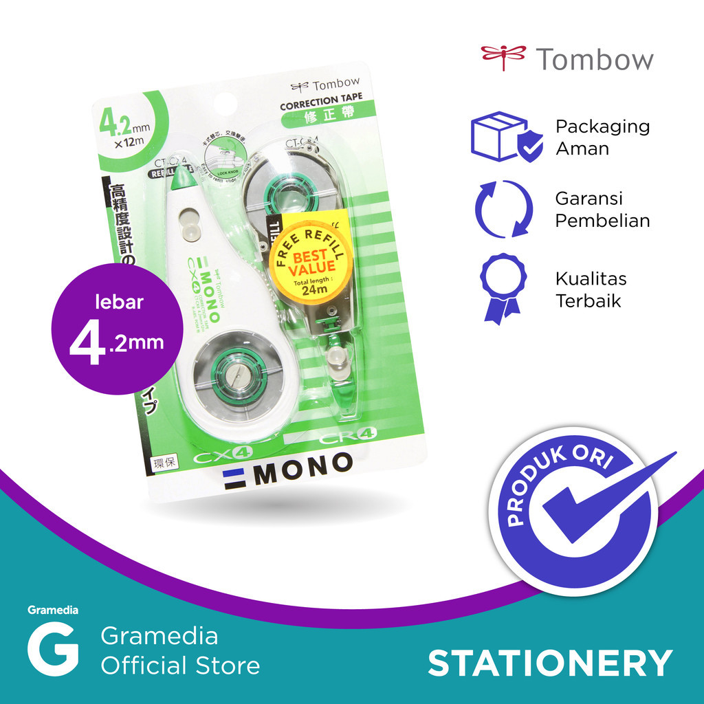 

Correction Tape Tombow (Ct Cx4Cr4) + Free Refill Hijau