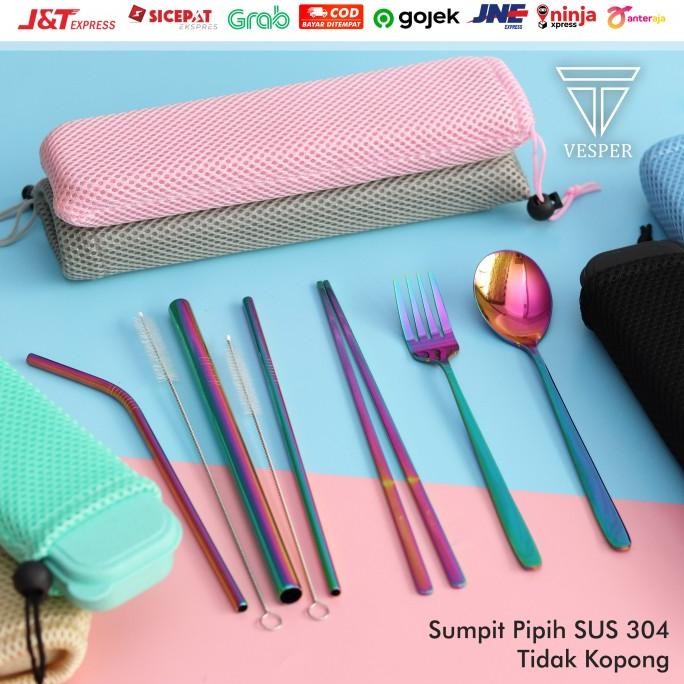 Paket Cutlery Set / Sendok Garpu Sumpit Korea Sedotan Bubble Stainless Original Dan Terpercaya
