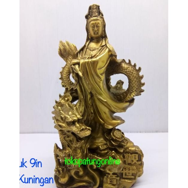 

Ready Patung Kwan Im Kuningan Berdiri Di atas Naga 9in