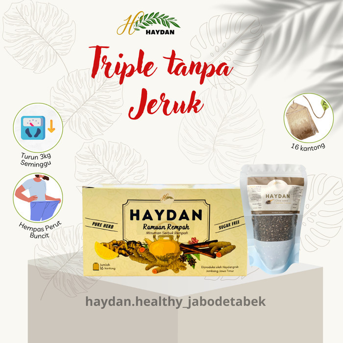 

Terlaris Paket Diet Haydan Ramuan Rempah 1 Box Isi 16 Kantong+Chia Sheed 100Gr