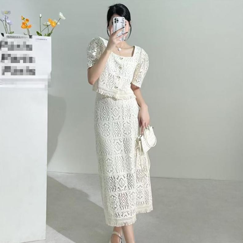 gior fan setelan gaun temperamen retro renda perancis/overall dress/dress pesta