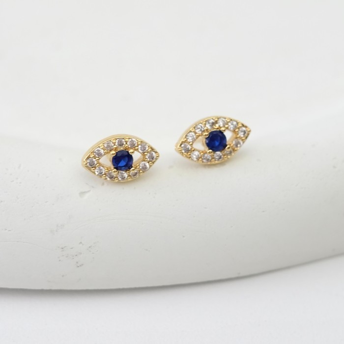 Ready EVIL EYE - Gold Plated Blue Crystal Turkish Evil Eye Earrings