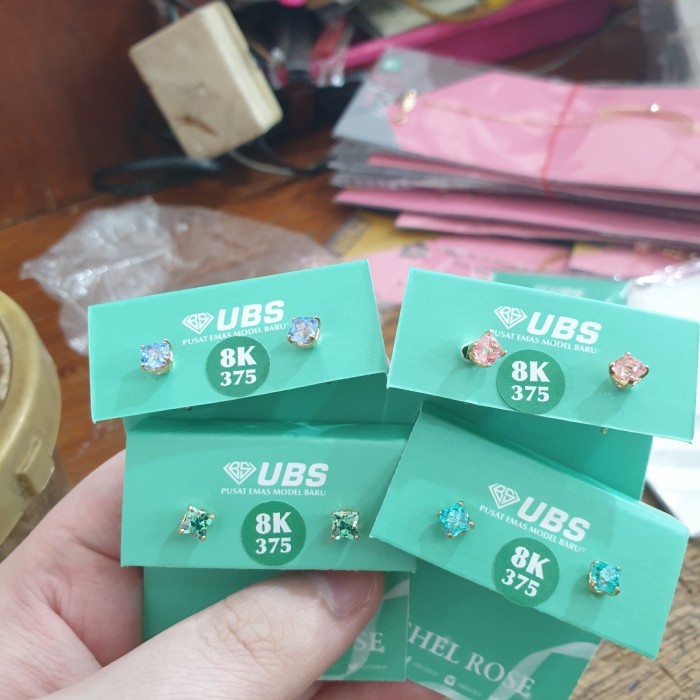 Ready Giwang anting tusuk ubs rachel rose ungu biru hijau emas asli 8k 375
