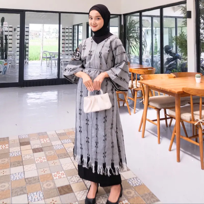 terlaris KAFTAN TENUN TROSO  TUNIK TENUN IKAT  - Abu-abu