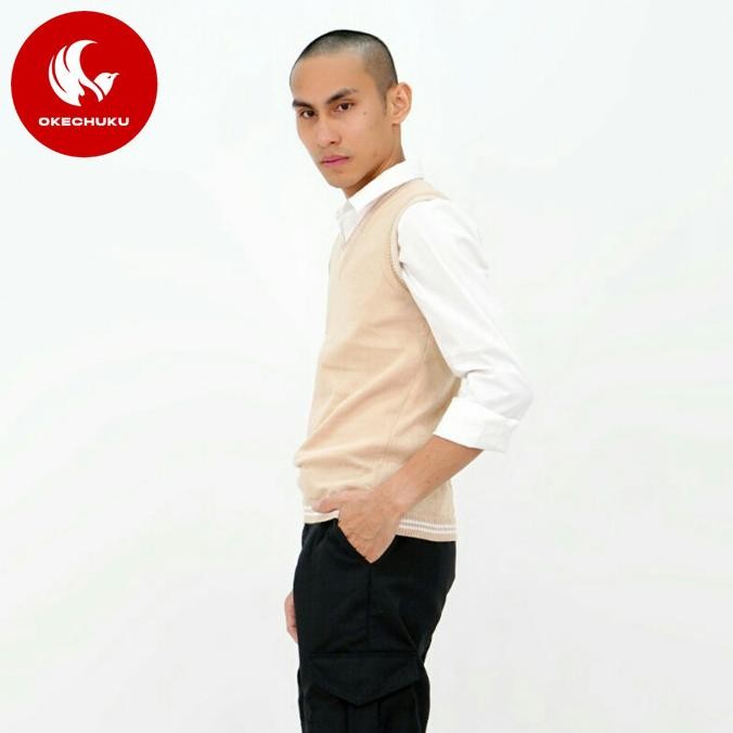 Okechuku Rompi Rajut Pria Vest Rajut Pria KREM LIST PUTIH Vest Pria DS
