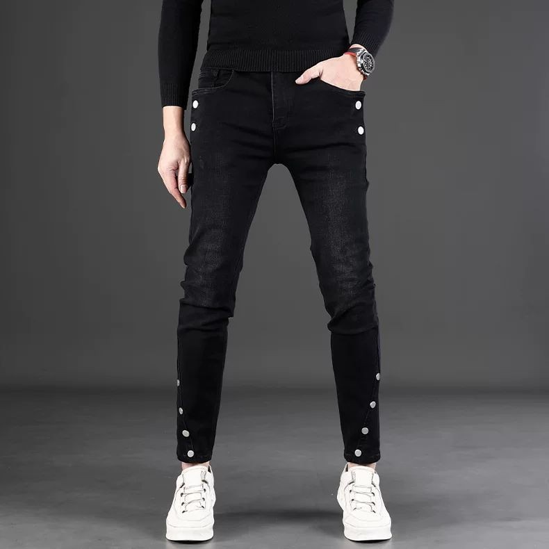 Celana Jins Hitam untuk Pria, Celana Rivet Desain Unik, Celana Jeans Hitam Pas Badan, Celana Ketat M