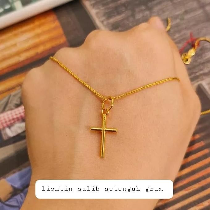 Set kalung salib untuk pria dan wanita emas asli F67A