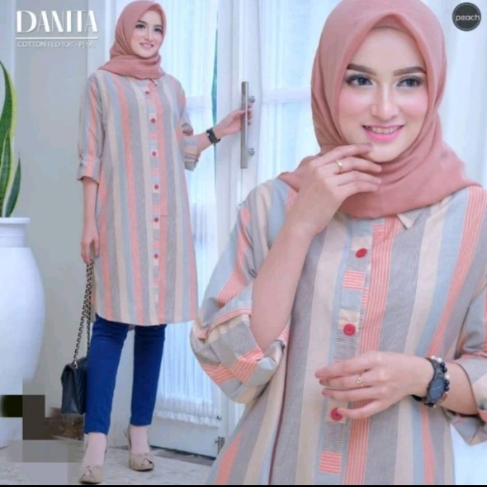 TUNIK KATUN SALUR TERBARU TUNIK GARIS SALUR WANITA LD 110 DAN LD 120 - peach 120 panjang adem