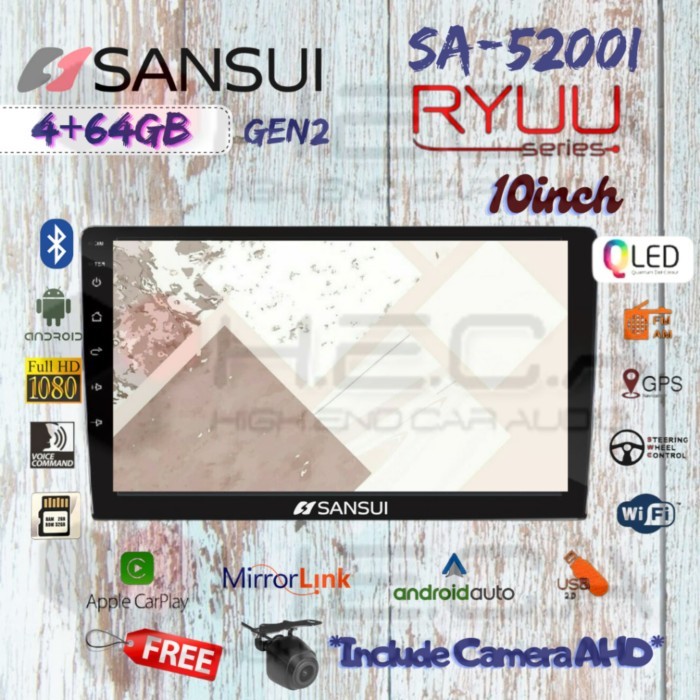 SANSUI RYUU QLED Gen2 4/64 GB Android G2 10" Inch SA-5200I Head Unit Tape TV Mobil Double din + Rear
