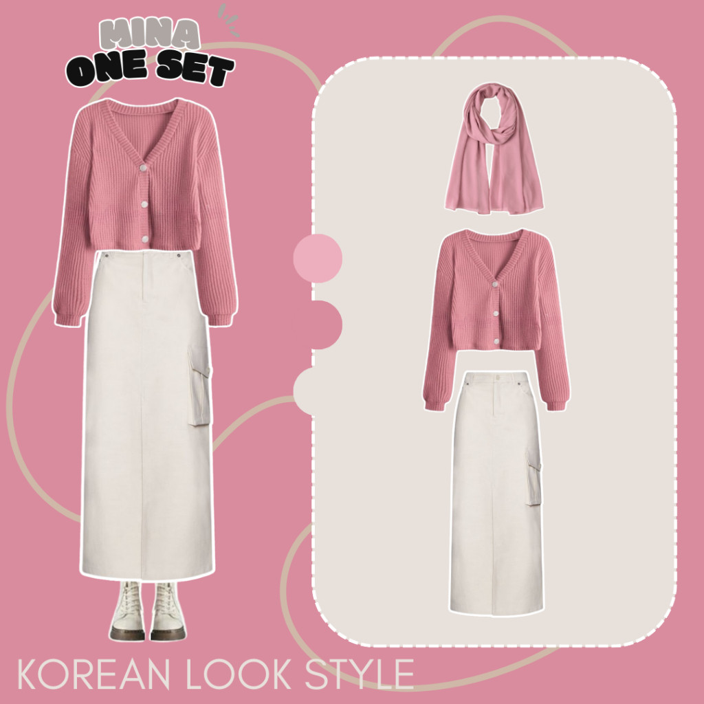 Baju Muslim Halus & Tebal Terbaru One Set Ootd Hangout 3in1 ( Cardigan Rajut + Rok Cargo + Pashmina
