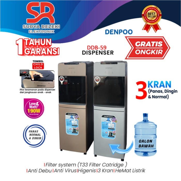 Terlaris Dispenser Aquazone Filter Galon Bawah Denpoo Ddb59 - Gold