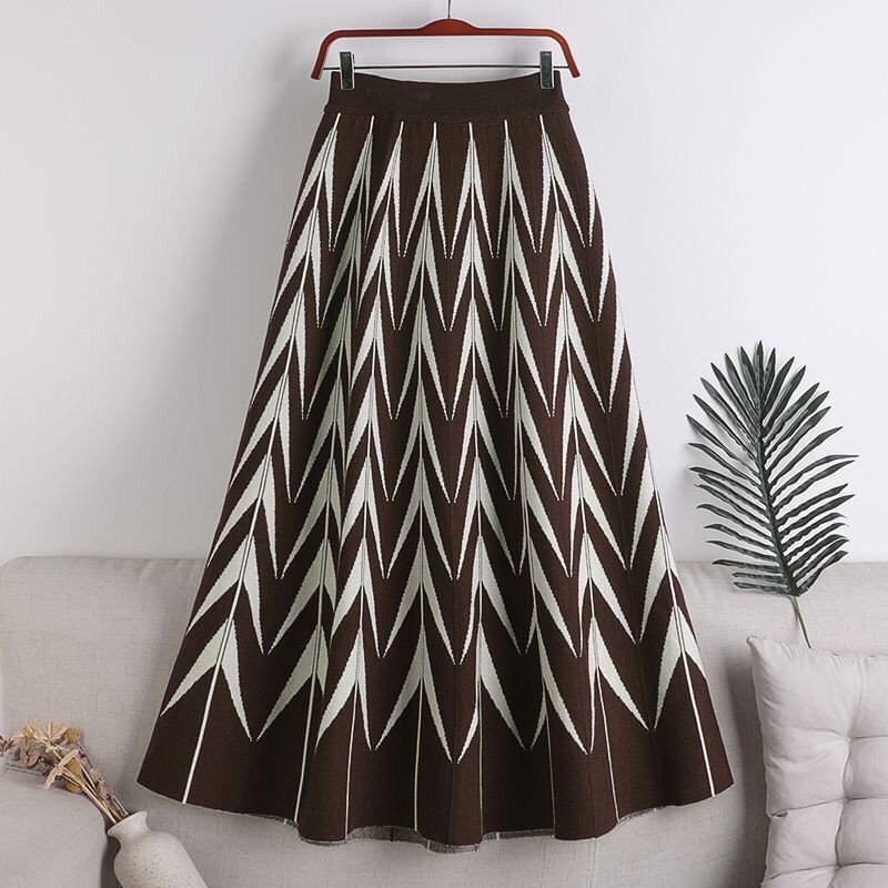 Baru A Rok Panjang Jacquard Gaun Rajut Lebar, Rok Panjang Rajutan Longgar Serbaguna Elastis Pinggang