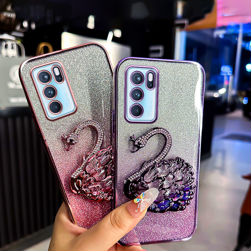 For OPPO Reno6 Pro 5G Case Fashionable Frosted Silicone Soft Clear Luxury Diamond Swan Bracket Adsor