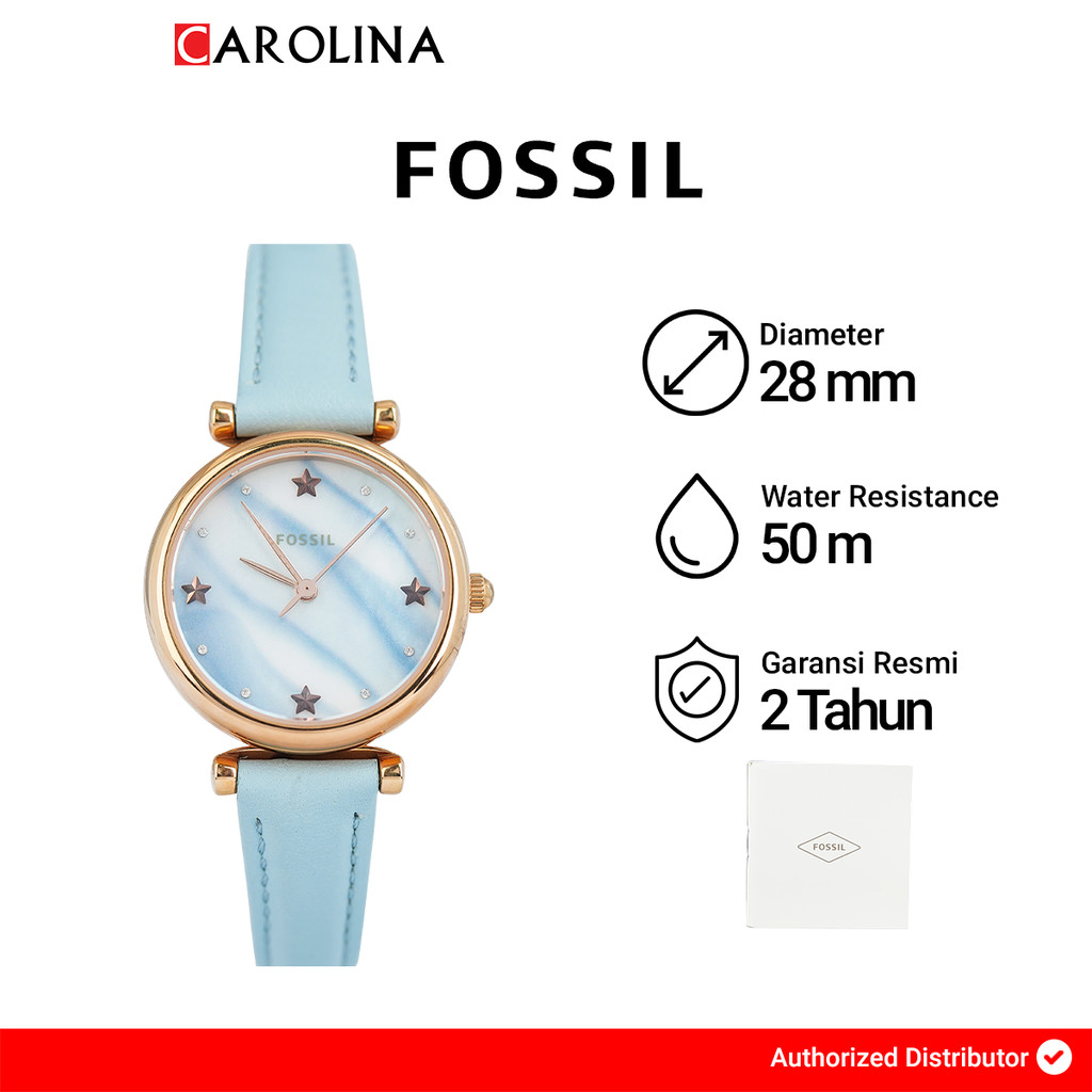 Jam Tangan Wanita FOSSIL Carlie Mini ES4528 Blue Mother Of Pearl Dial Turquoise Leather Strap
