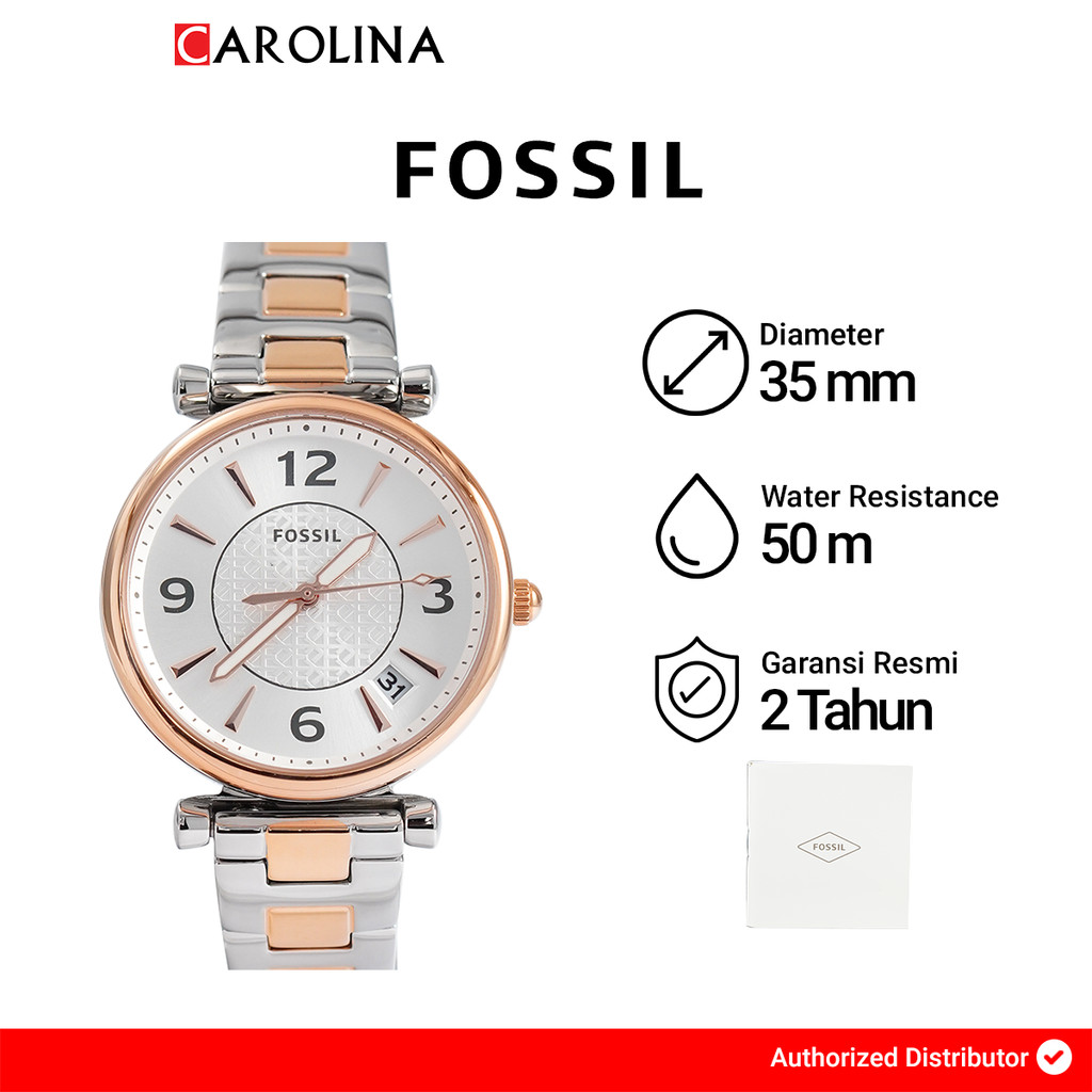 Jam Tangan Wanita FOSSIL Carlie ES5156 Silver Dial Dual Tone Stainless Steel Strap