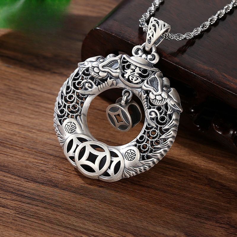 Perak Murni999Xianglong Liontin Giok Bulat Pria Wanita, Kalung Koin Tembaga Mode Nasional Wanita, Li