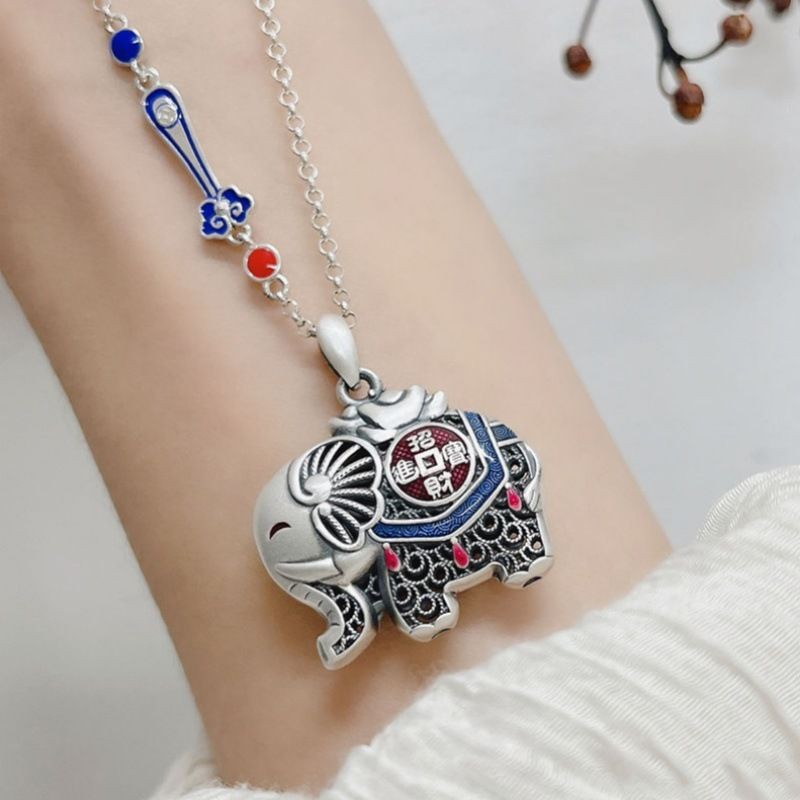 925Kalung Gajah Perak Sterling, Gajah Vintage Biru Gosong Perak Murni Liontin Gaya Etnik Sweater Pan