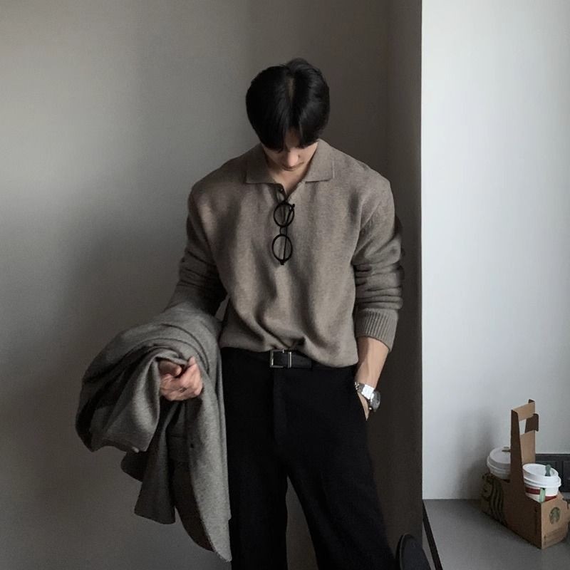 Pria POLO Baju Sweter Rajut Pria, Baju Sweater Rajutan Trendi Longgar Lengan Panjang Pria Malas Eleg