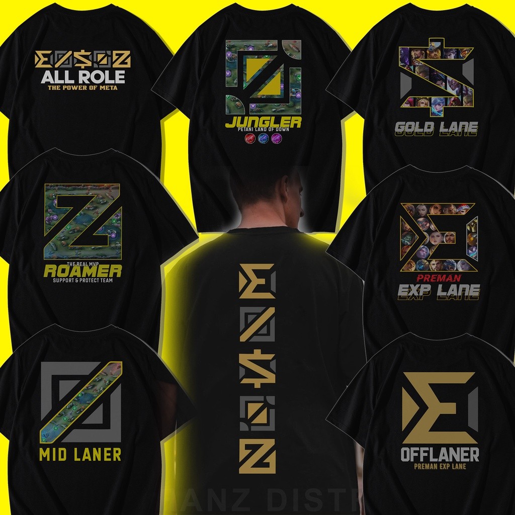 KAOS BAJU MOBILEGENDS ROLE HERO MARKSMAN ASSASINS MAGE FIGHTER SUPPORT TANK EXP GOLD MID LANE LANER