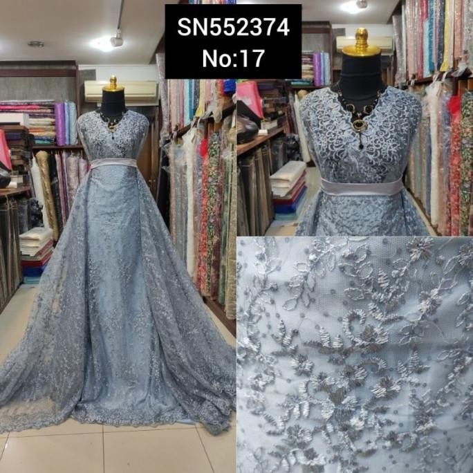 ~~~~~] kain Tile Brokat Bunga Kecil Payet Piring SN552374 No:17 Biru Semen