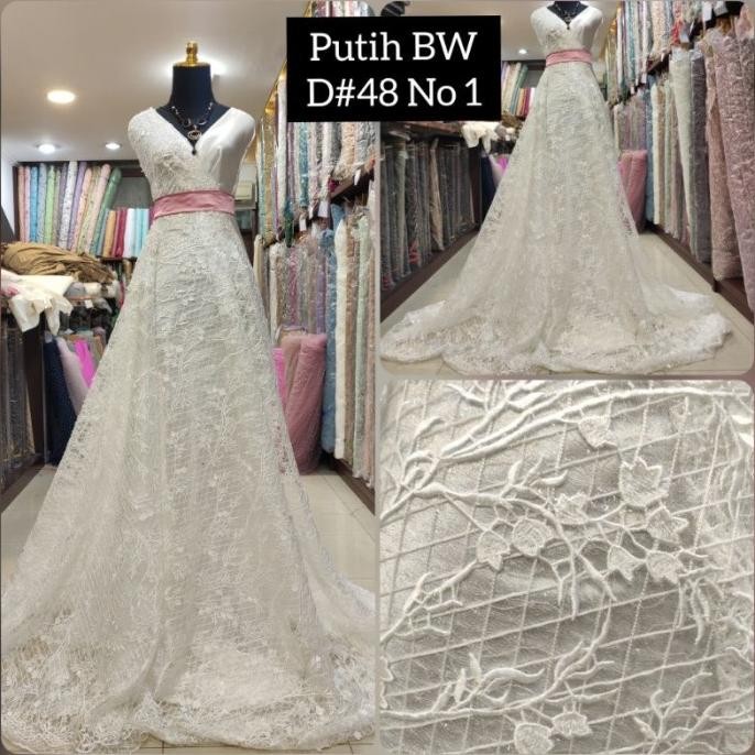 &<&<&<&] Kain Tile Brokat 3D Benang Silang Bunga Akar D#48 1 Putih Bridal