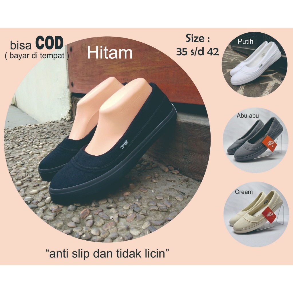 SEPATU SANDAL WANITA  Sepatu Wanita Slip On Kekinian Hitam Polos 05