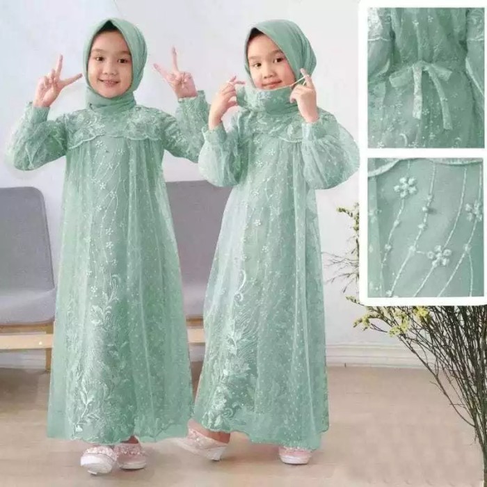 BERGARANSI Gamis anak eliana kids 3 - 16 thn brukat tile dot hijau wardah PS