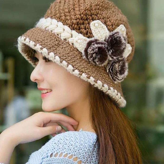 TOPI WOOL RAJUT BUNGA - TOPI WANITA IMPORT