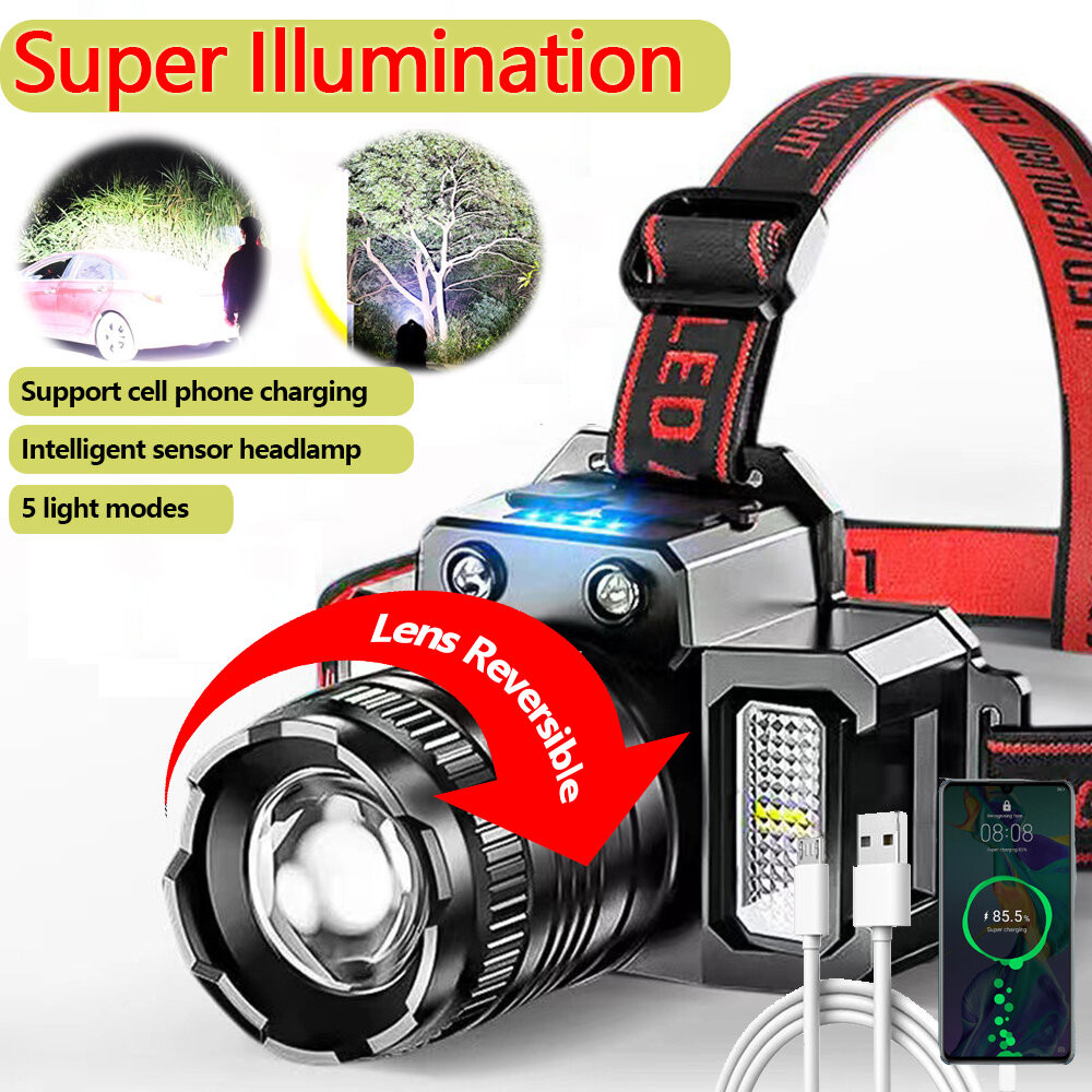 PROMO Lampu Kepala LED/Headlamp/Super Terang 5000 Lumen/USB Charging Senter/Dengan Sensor