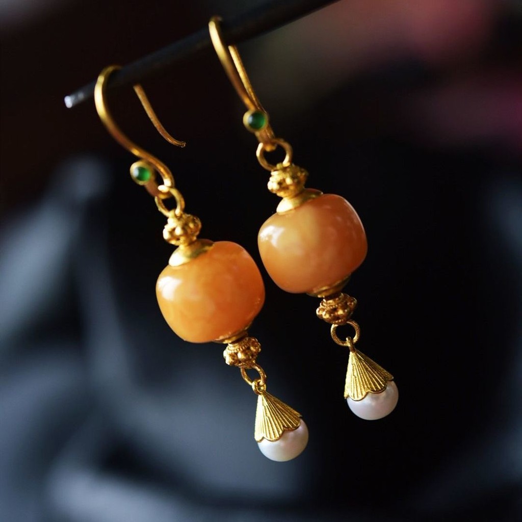 Anting-anting lilin lebah alami liontin mutiara jasper panjang wanita set dengan emas cerah
