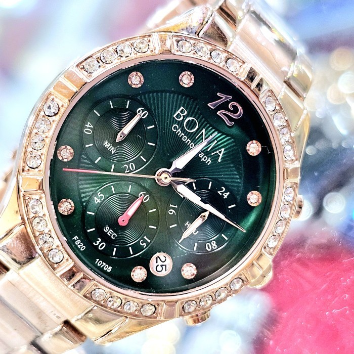 Bonia Bnb10705 Rosegold Green Dial Jam Tangan Wanita Chrono Aktif Termurah