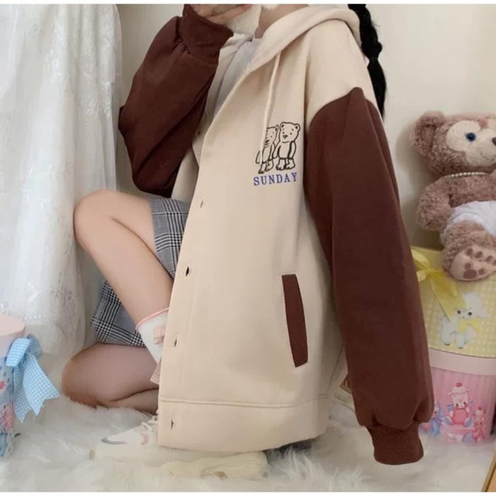 Murah Jaket Baseball Wanita Twin Bear Button korea Non COD