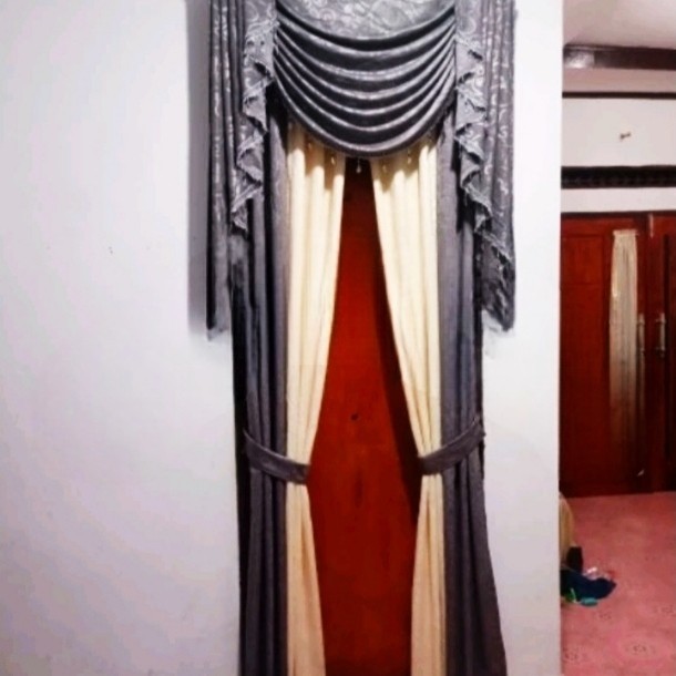 Gorden Tirai Hordeng Poni Gelombang Pintu Jendela 1 Set Mewah - Abu-Abu, L 100 X T 230 Cm