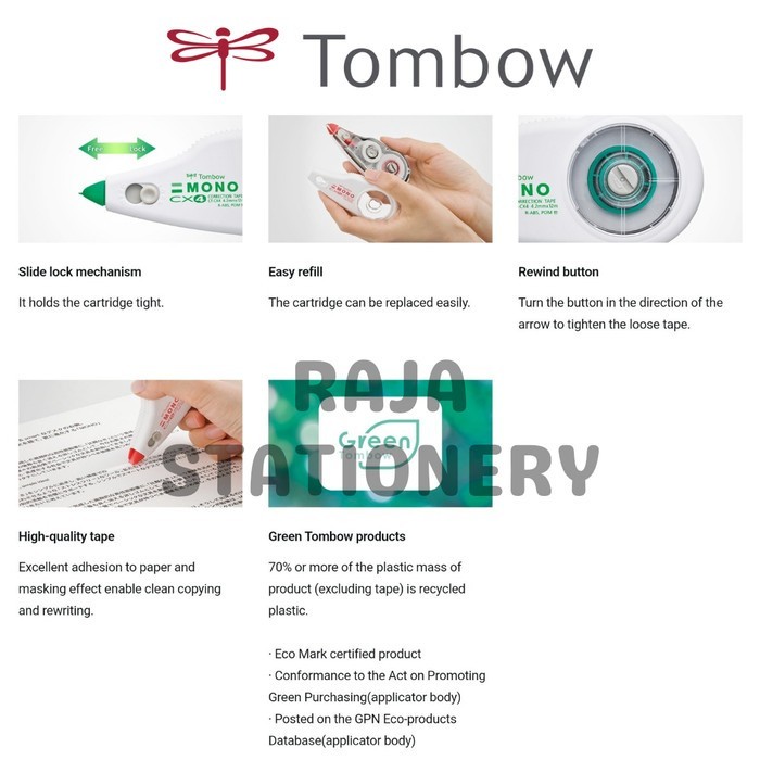 

Tombow Mono Correction Tape 12M + Refill Green Red Blue 4.2Mm 5Mm 6Mm Tipex Kertas Tipx Tombow Hijau