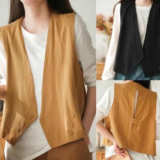 VEST ROMPI KATUN ASIMETRIS V NECK & BACK SLIT KREM CAMEL HITAM IMPORT
