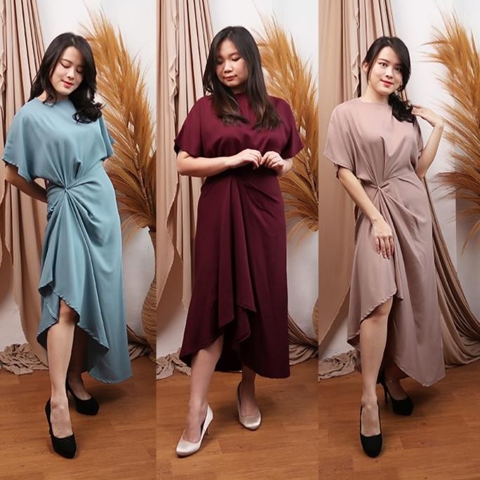 JH Twisted Asimetric Dress Wanita Pesta Party Kondangan Lengan Pendek