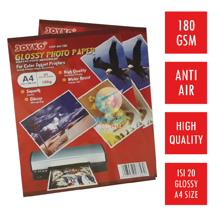 

Kertas Foto A4 Joyko Gsp-A4-180 Isi 20 Glossy Photo Paper 180 Gsm