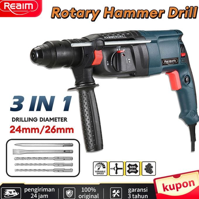 REAIM Bor Hammer bor listrik bor beton 3 fungsi bor drill beton hammer drill bobok beton