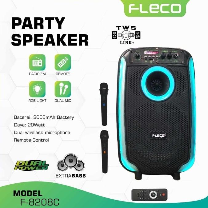 Sale Speaker Karaoke Bluetooth Portable 8.5" True Wireless Party Speakers Fleco F8208C / Fleco F 820