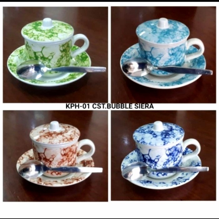 TERBARU Cangkir motif lurik isi 4 set / Cangkir kopi + tutup + saucer PROMO