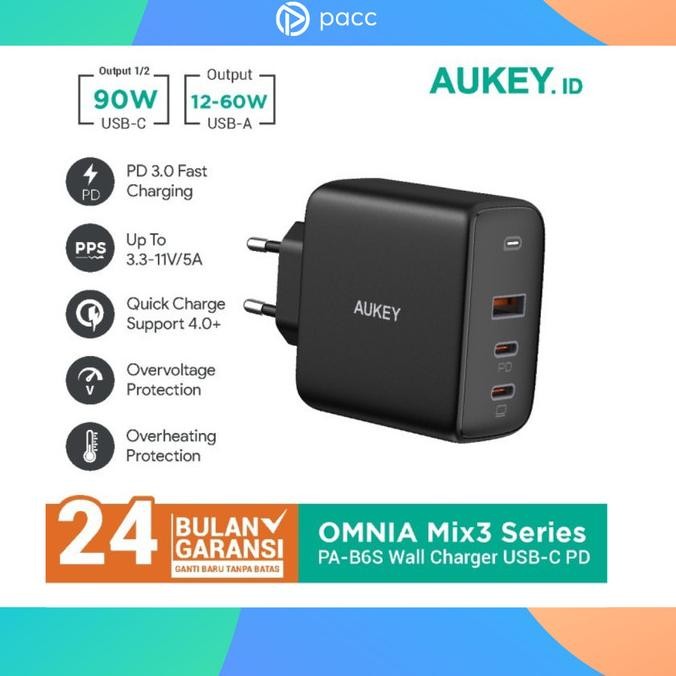 Adapter Aukey PA-B6S Omnia Mix 3 90W 3-Port PD GaN Charger - BLACK